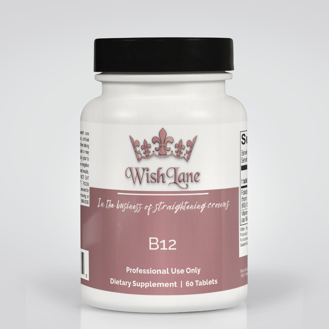 Supplement facts for B 12, featuring 5,000 mcg of methylcobalamin and 1,000 mcg of Quatrefolic® folate for energy support, nerve health, and cardiovascular balance.