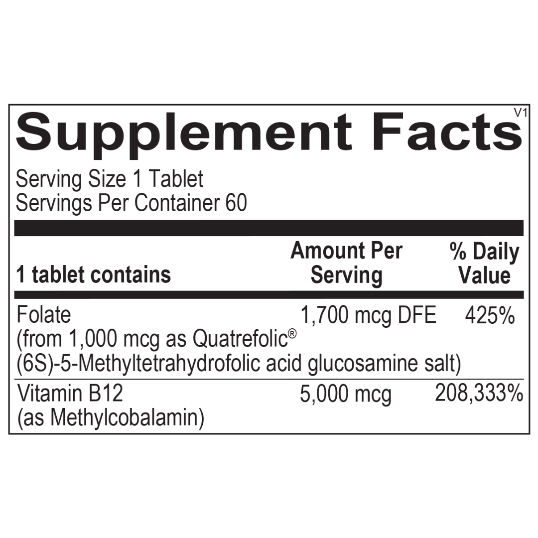 Supplement facts for B 12, featuring 5,000 mcg of methylcobalamin and 1,000 mcg of Quatrefolic folate to support energy levels, cognitive function, and cardiovascular health.