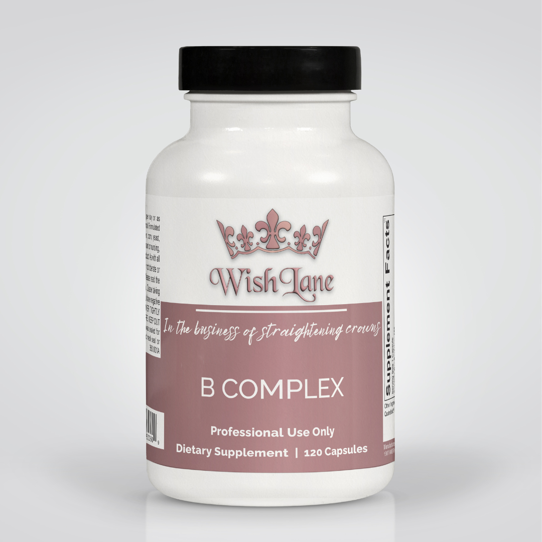Supplement facts for B Complex featuring B vitamins like folate (Quatrefolic®), vitamin B12, B6, and more to support energy, stress management, and heart health.