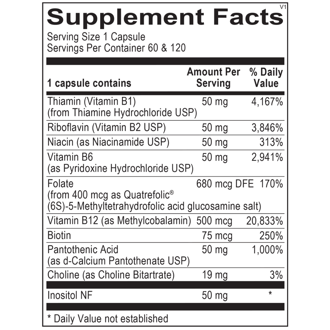 Supplement facts for B Complex featuring 50 mg of B1, B2, B6, and niacin, along with 680 mcg of Quatrefolic®, 500 mcg of methylcobalamin (B12), and 75 mcg of biotin for energy, stress support, and heart health.