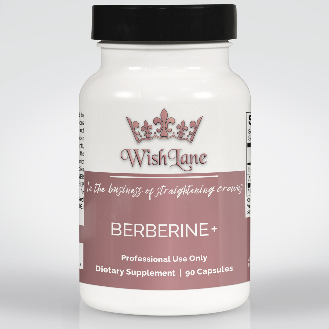Supplement facts for Berberine +, featuring 1 g of berberine hydrochloride and 200 mg of alpha lipoic acid for cardiometabolic health, blood sugar balance, and cholesterol support.
