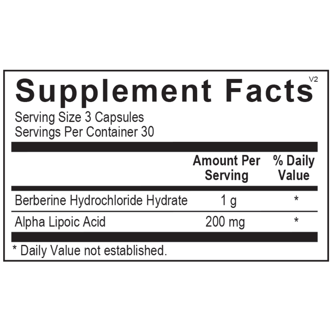 Supplement facts for Berberine +, featuring 1 g of berberine hydrochloride hydrate and 200 mg of alpha lipoic acid per serving for blood sugar balance and cardiometabolic health support.