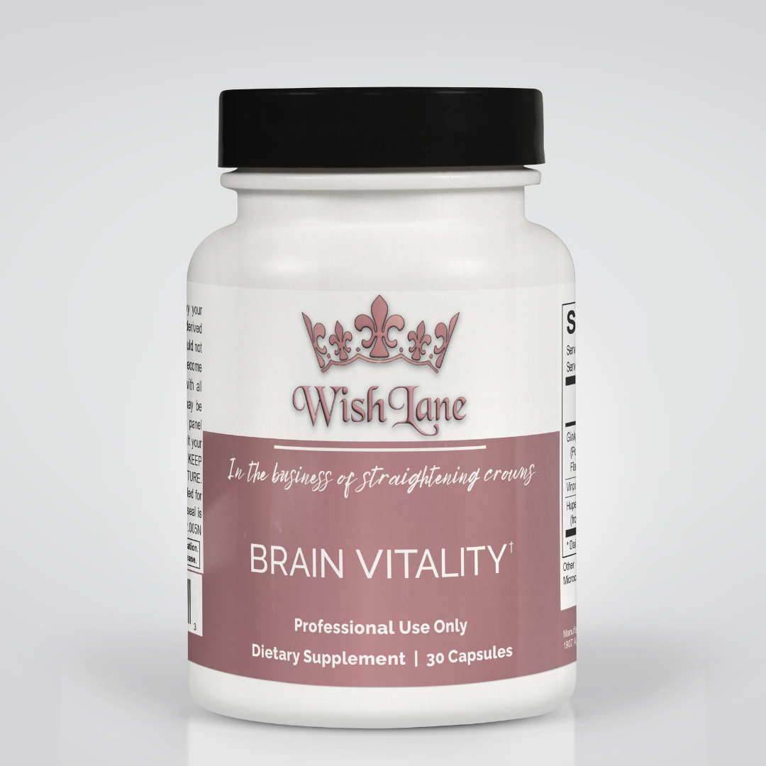 Supplement facts for Brain Vitality, featuring 120 mg of ginkgo biloba, 30 mg of vinpocetine, and 100 mcg of huperzine A for brain health and memory support.