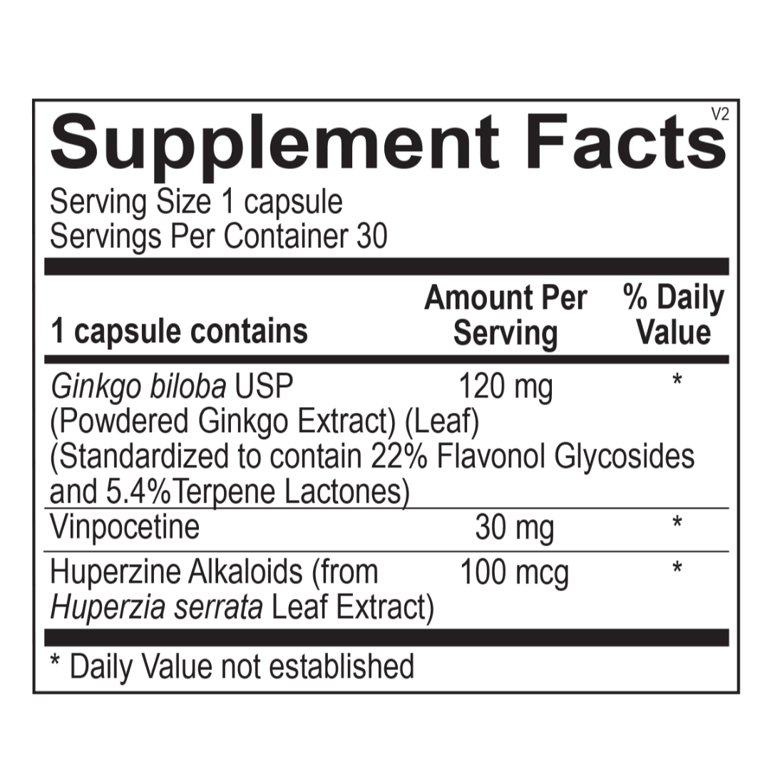 Supplement facts for Brain Vitality featuring 120 mg of Ginkgo Biloba, 30 mg of Vinpocetine, and 100 mcg of Huperzine A for memory, focus, and brain health.