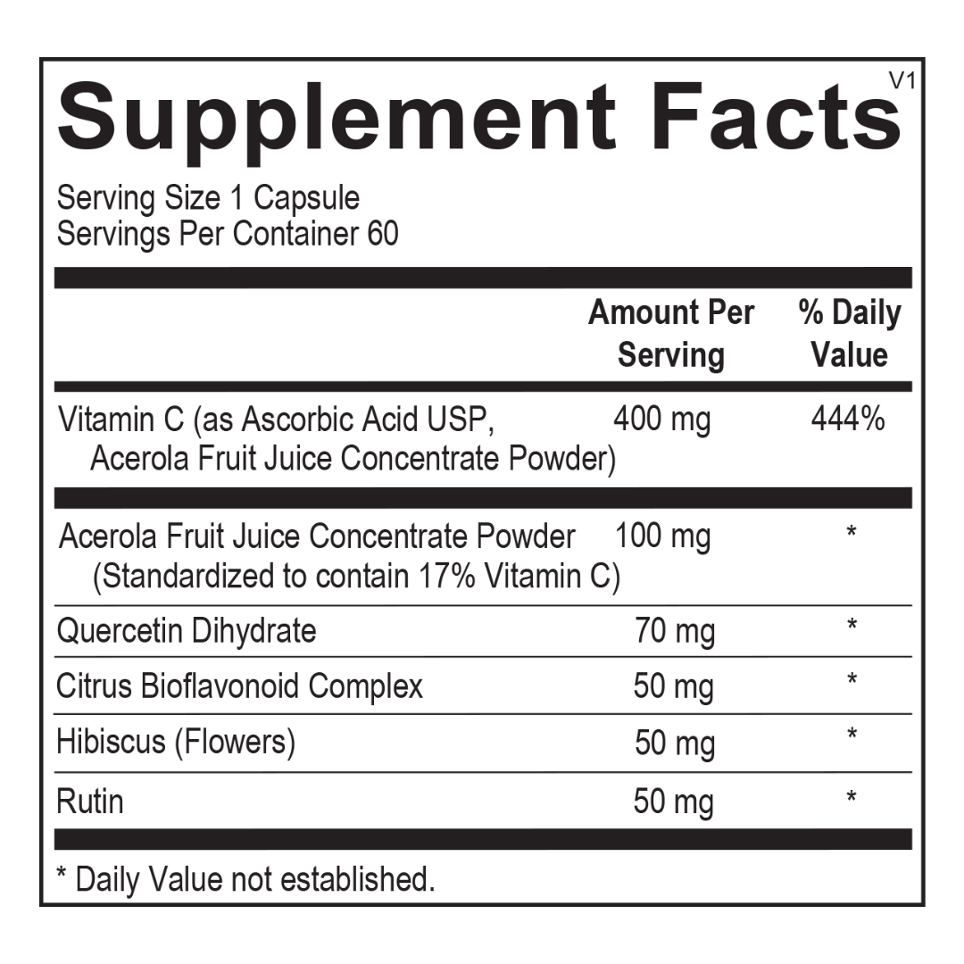 Supplement facts for C Boost vitamin C supplement, featuring 400 mg of vitamin C with 100 mg Acerola fruit extract, quercetin, citrus bioflavonoids, hibiscus, and rutin per capsule.