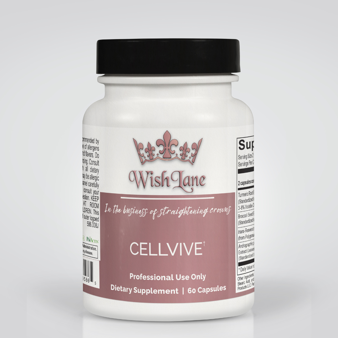 Supplement facts for Cell Vive, featuring broccoli seed extract, turmeric root extract, andrographis, and resveratrol for antioxidant protection and cellular detoxification.