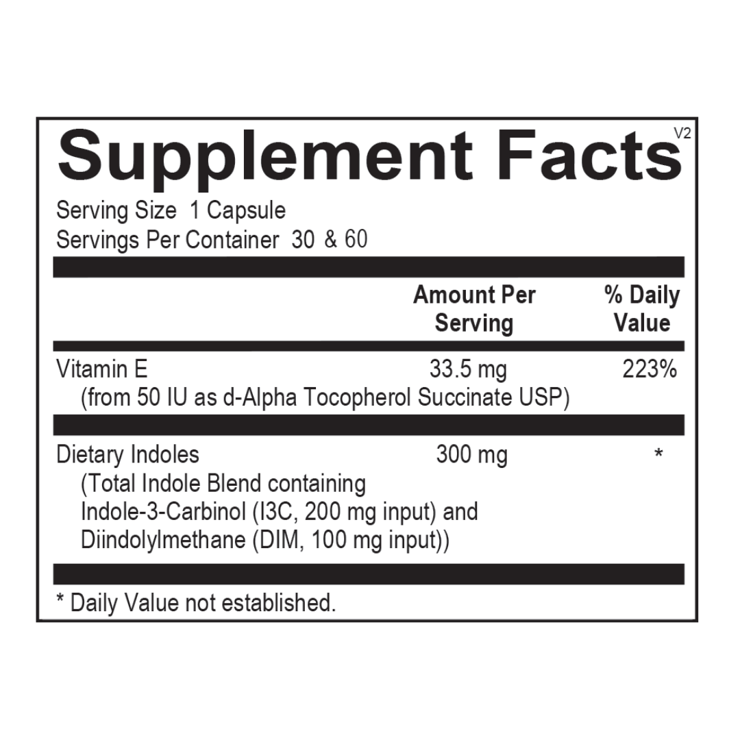 Supplement facts for Estro Sync, featuring 200 mg of Indole-3-Carbinol (I3C), 100 mg of DIM, and 33.5 mg of Vitamin E for estrogen balance, detoxification, and hormone support.