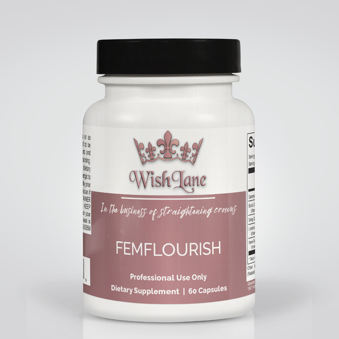 Supplement facts for Fem Flourish, featuring black cohosh, dong quai, licorice root, gamma oryzanol, and resveratrol for menopausal symptom relief and hormonal balance.