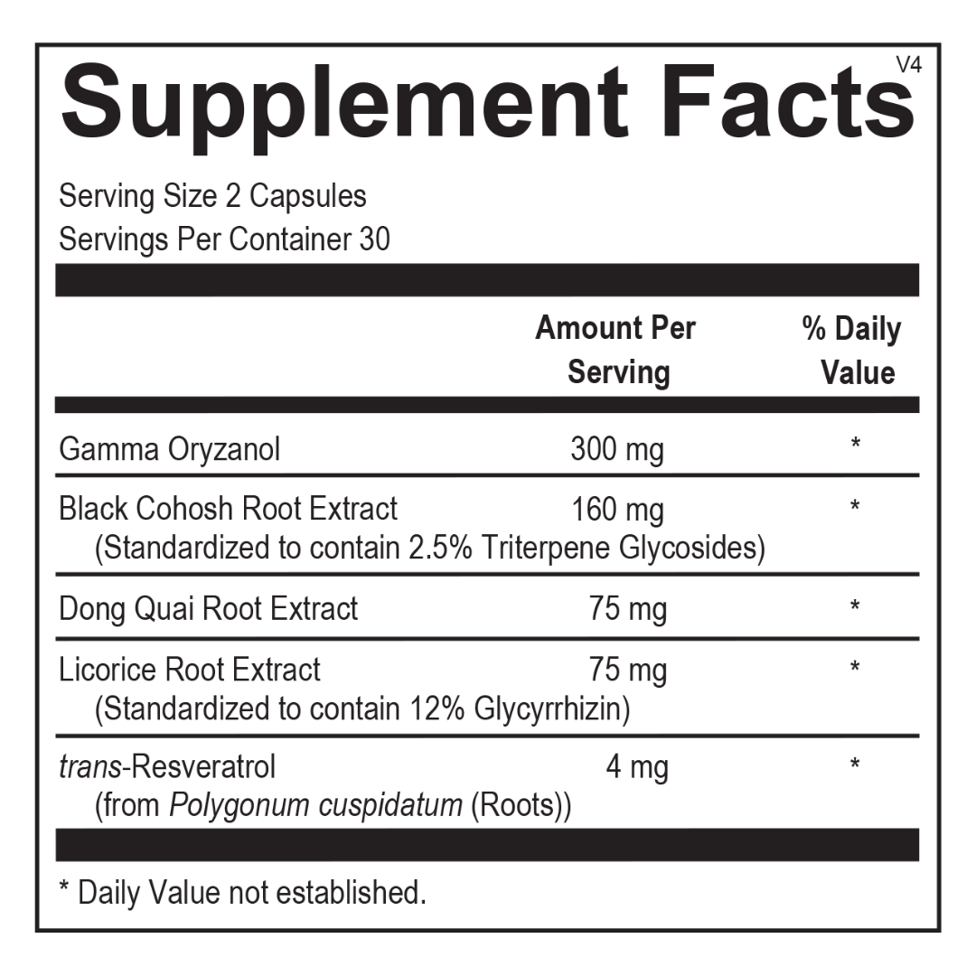 Supplement facts for Fem Flourish, featuring 160 mg of black cohosh, 75 mg of dong quai, 300 mg of gamma oryzanol, and 75 mg of licorice root for menopause symptom relief and hormonal balance