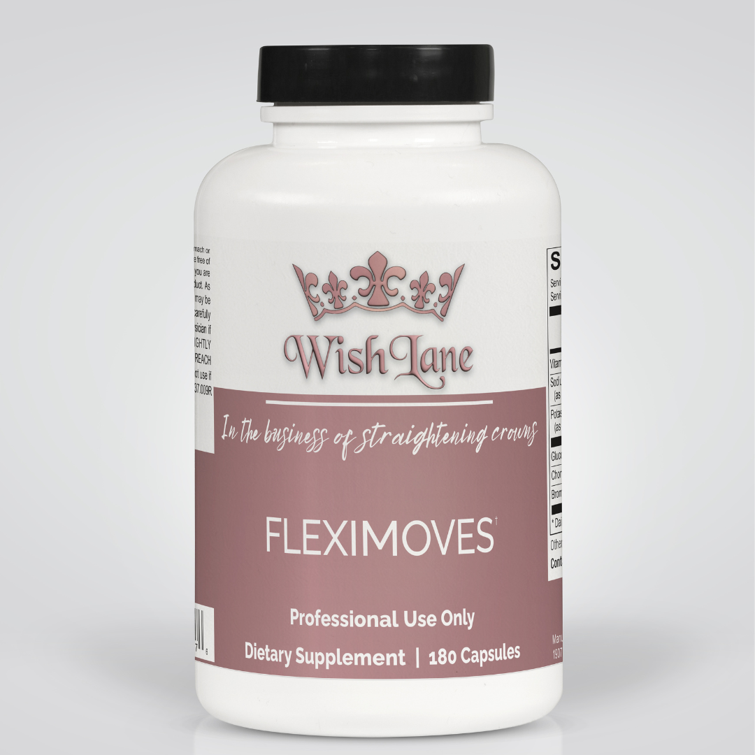 Supplement facts for Flexi Moves, featuring glucosamine sulfate, chondroitin sulfate, bromelain, and vitamin C for joint integrity, cartilage protection, and movement support.