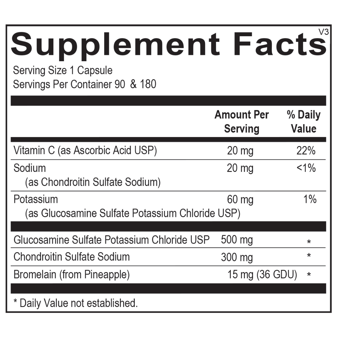 Supplement facts for Flexi Moves, featuring 500 mg of glucosamine sulfate, 300 mg of chondroitin sulfate, 15 mg of bromelain, and 20 mg of vitamin C for joint health, cartilage protection, and flexibility.