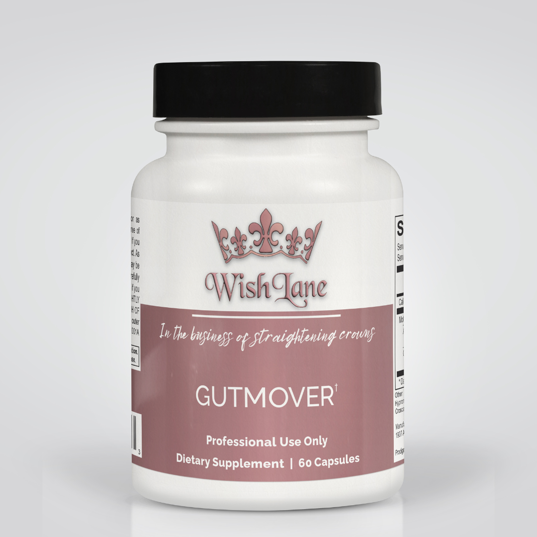 Supplement facts for Gut Mover, featuring 320 mg of artichoke extract and 100 mg of ginger root extract for digestive support and motility stimulation.