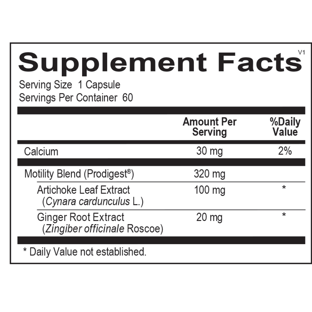 Supplement facts for Gut Mover, featuring 320 mg Motility Blend with 100 mg Artichoke Leaf Extract and 20 mg Ginger Root Extract for digestive motility and bloating relief.