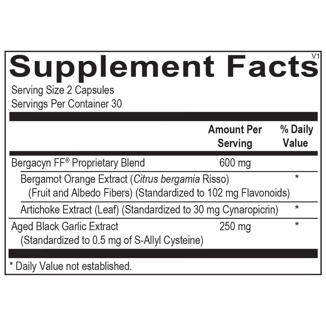 Supplement facts for Hepato Shield, featuring a proprietary blend with 600 mg of Bergamot Orange Extract, Artichoke Extract, and 250 mg of Aged Black Garlic Extract for liver and metabolic support.