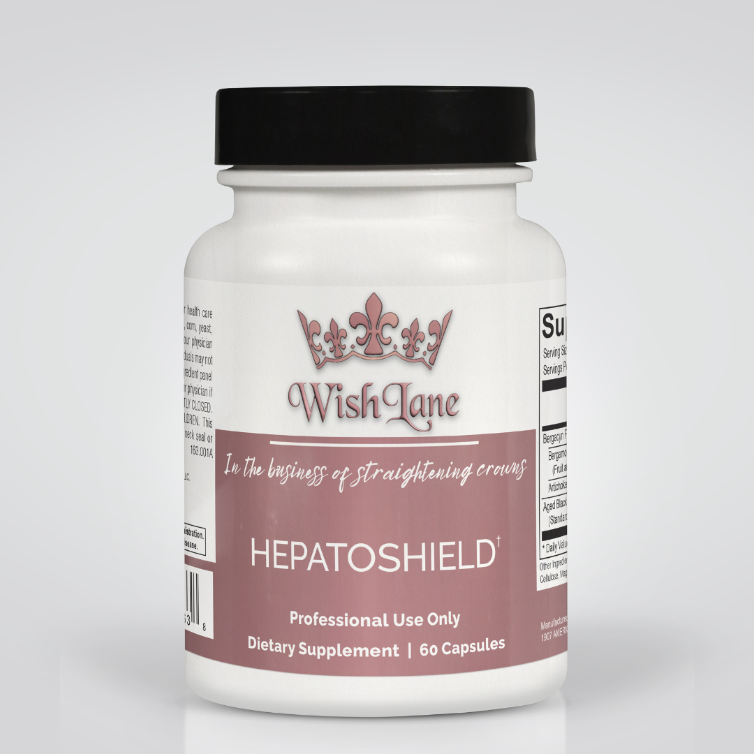 Supplement facts for Hepato Shield, featuring Bergacyn FF (Bergamot Orange and Artichoke Extracts) and Aged Black Garlic Extract for liver function, fat metabolism, and cardiometabolic health