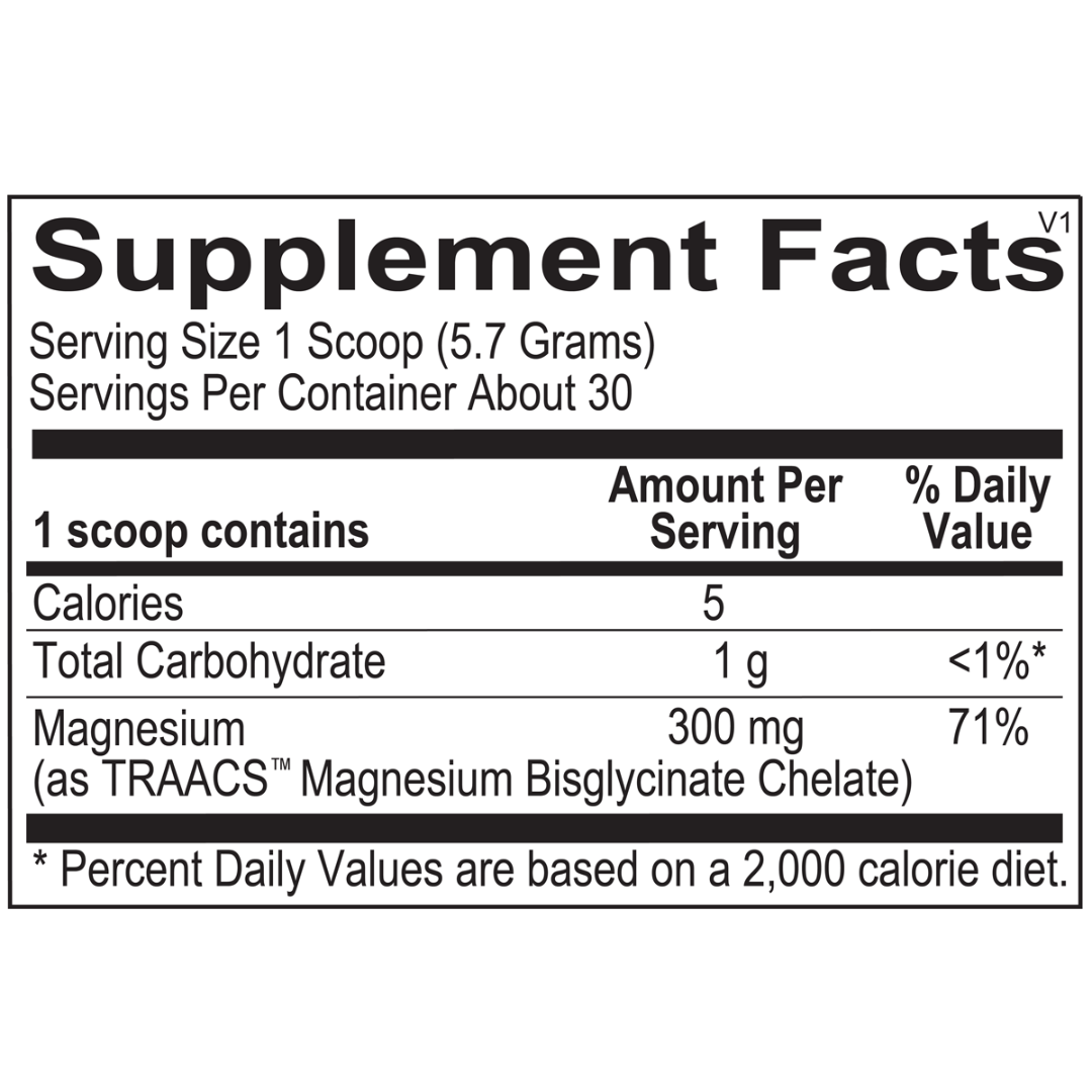 Supplement facts for Mega Calm featuring 300 mg of magnesium bisglycinate per serving, with 5 calories and 1 g of carbohydrates, for relaxation, muscle comfort, and heart health.