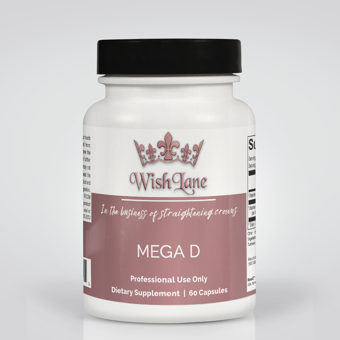 Mega D supplement facts featuring vitamin D3 (5,000 IU) and vitamin K2 (180 mcg) for bone health, cardiovascular support, and calcium balance.