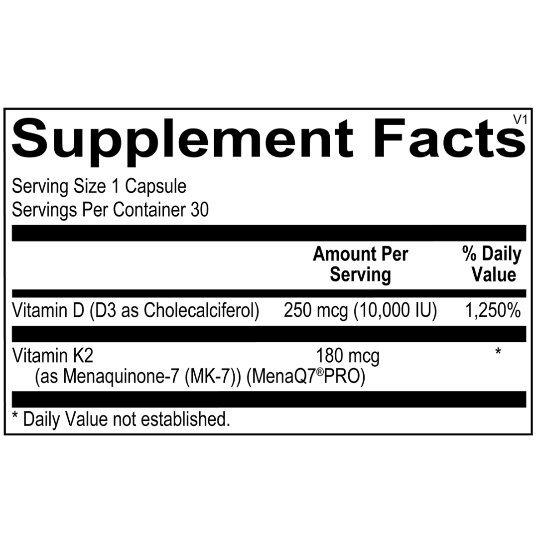 Supplement facts for Mega D Max featuring 10,000 IU of vitamin D3 and 180 mcg of vitamin K2 (MenaQ7® PRO) for bone and cardiovascular support.