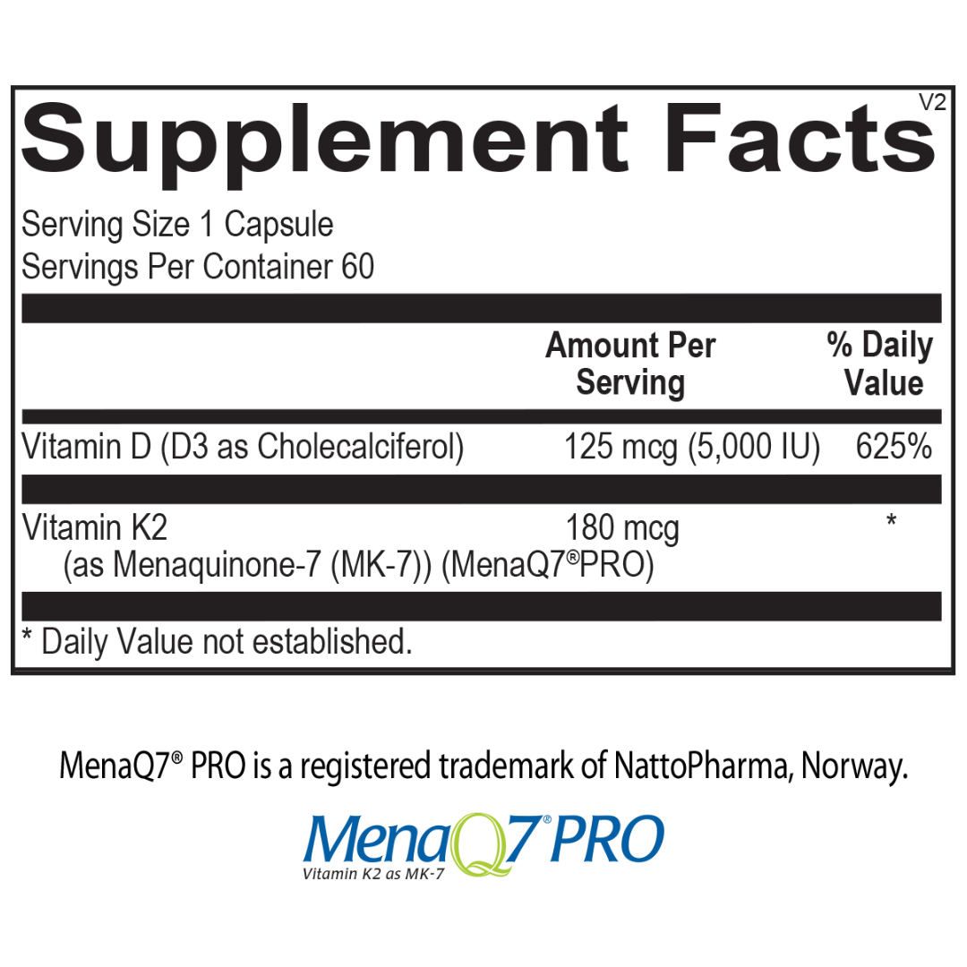 Supplement facts for Mega D, featuring 5,000 IU of vitamin D3 and 180 mcg of vitamin K2 for bone and cardiovascular health.
