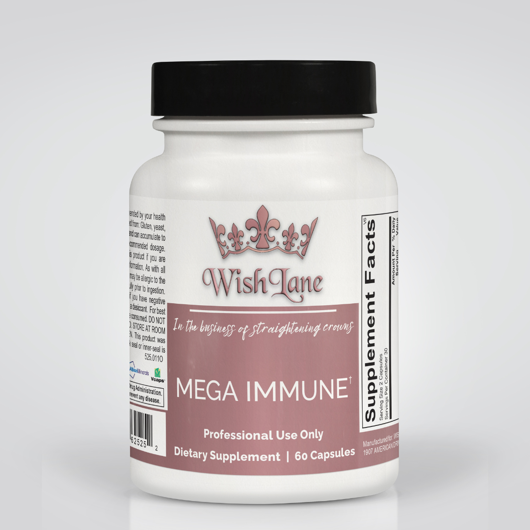 Supplement facts for Mega Immune, featuring vitamin A, C, zinc, elderberry, echinacea, and andrographis for immune and respiratory health support.