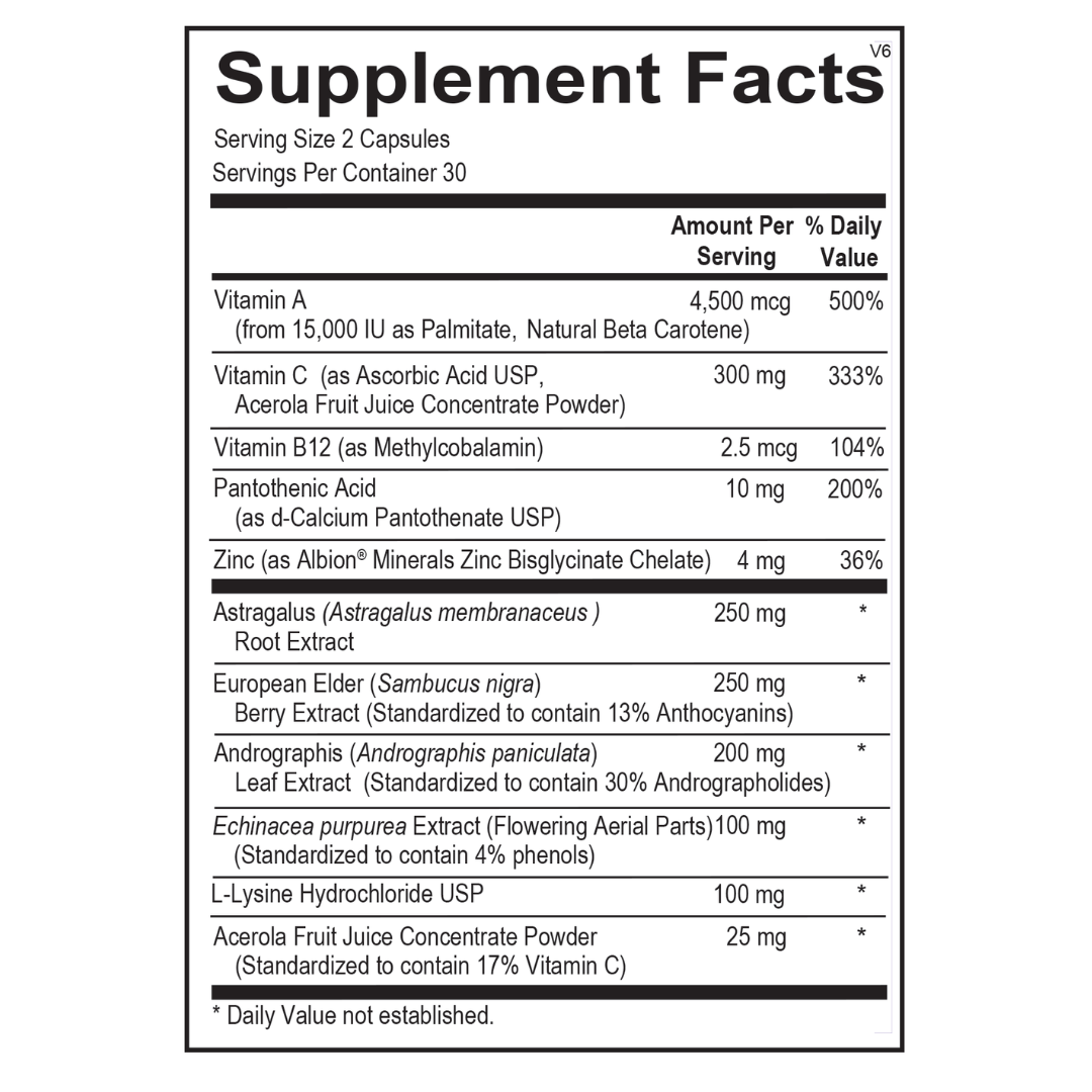 Supplement facts for Mega Immune, featuring vitamin A, vitamin C, zinc, elderberry, echinacea, andrographis, and astragalus for immune support and respiratory health.