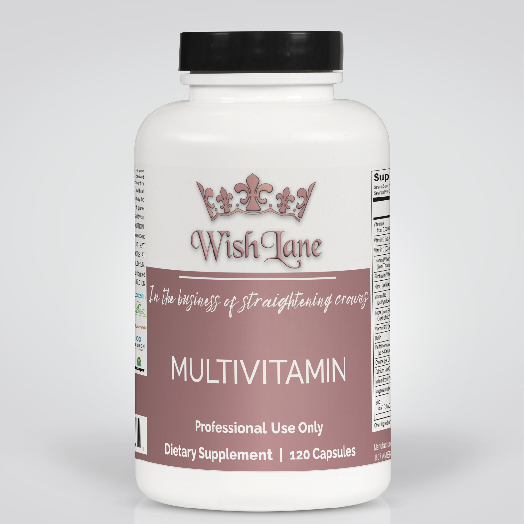 Supplement facts for Multi Vitamin, featuring essential vitamins, minerals, antioxidants, and detoxifying ingredients for immune and energy support.