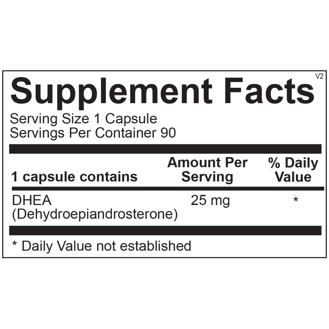 Supplement facts for Optimal DHEA, providing 25 mg of DHEA per capsule for hormonal balance, mood support, and healthy aging.