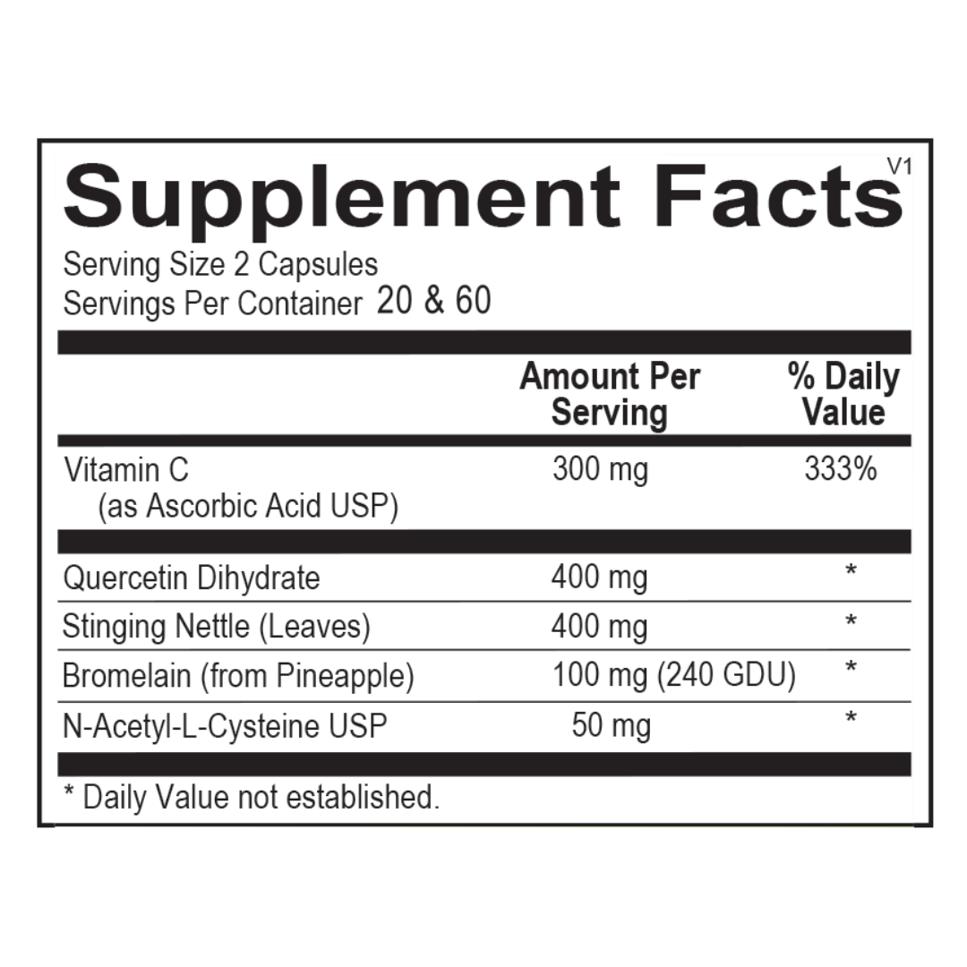 Supplement facts for Seasonal Support, featuring 400 mg of quercetin, 400 mg of stinging nettle, 100 mg of bromelain, and 50 mg of NAC per serving for seasonal allergy relief and respiratory health.