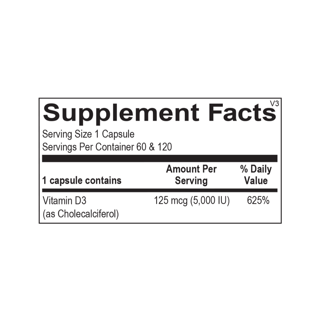 Supplement Facts of The D, featuring Vitamin D3 125 mcg (5000 IU) per capsule, with 60 and 120 capsule options.