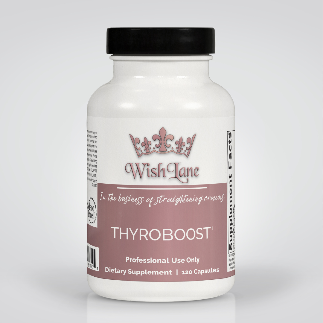 Supplement facts for ThyroBoost, featuring L-tyrosine, iodine, selenium, guggulipid, and turmeric for thyroid function and hormone support.