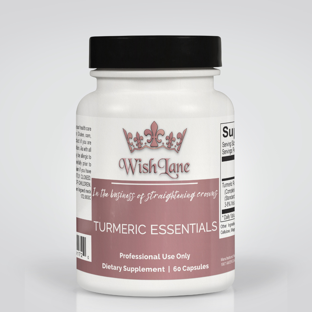 Supplement facts for Turmeric Essentials featuring 500 mg of turmeric root extract with curcumin, turmerones, turmerin, and more for inflammation and immune health.