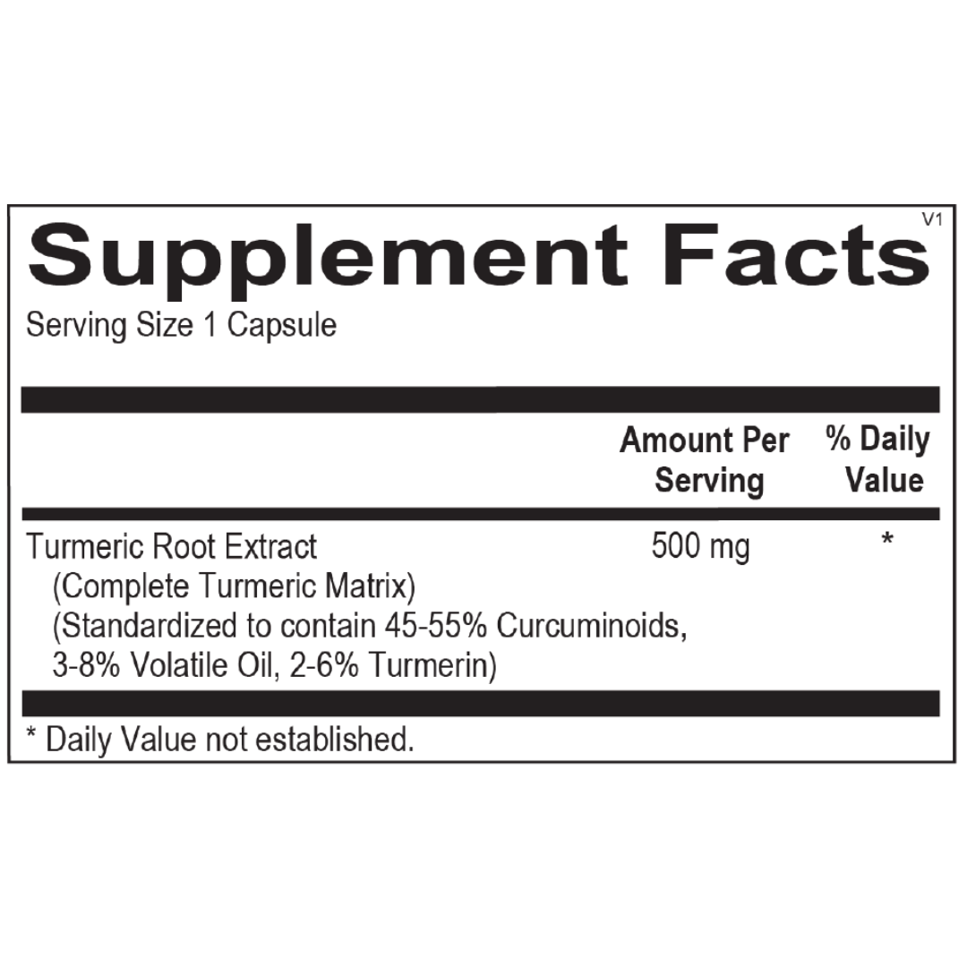 Supplement facts for Turmeric Essentials featuring 500 mg of Complete Turmeric Matrix standardized to contain 45-55% curcuminoids, 3-8% volatile oil, and 2-6% turmerin for inflammation and immune support.