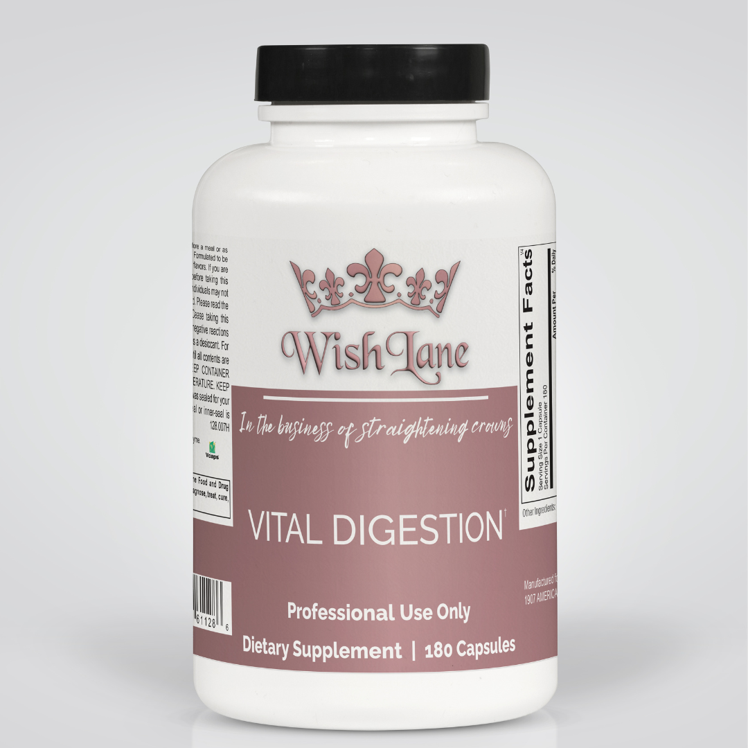 Supplement facts for Vital Digestion, featuring digestive enzymes like amylase, lipase, lactase, and CereCalase® for optimal digestion and nutrient absorption.