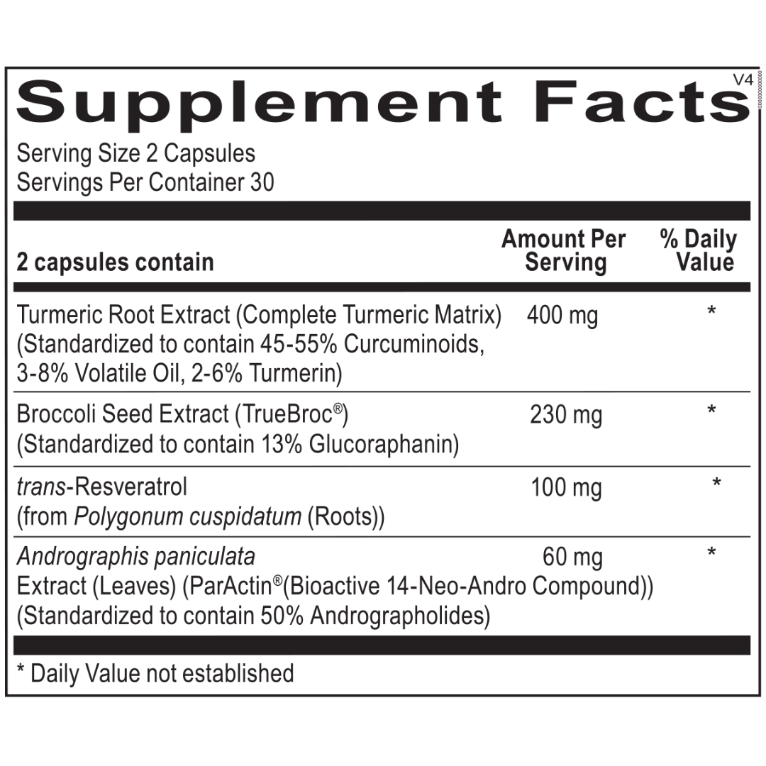 Supplement facts for Cell Vive, featuring 400 mg of turmeric root extract, 230 mg of broccoli seed extract, 100 mg of resveratrol, and 60 mg of andrographis for antioxidant protection, cellular detoxification, and inflammation support.