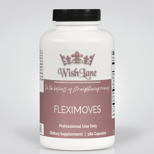 Supplement facts for Flexi Moves, featuring glucosamine sulfate, chondroitin sulfate, bromelain, and vitamin C for joint integrity, cartilage protection, and movement support.
