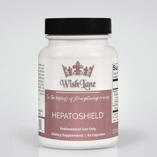 Supplement facts for Hepato Shield, featuring Bergacyn FF (Bergamot Orange and Artichoke Extracts) and Aged Black Garlic Extract for liver function, fat metabolism, and cardiometabolic health