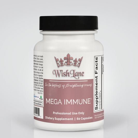 Supplement facts for Mega Immune, featuring vitamin A, C, zinc, elderberry, echinacea, and andrographis for immune and respiratory health support.