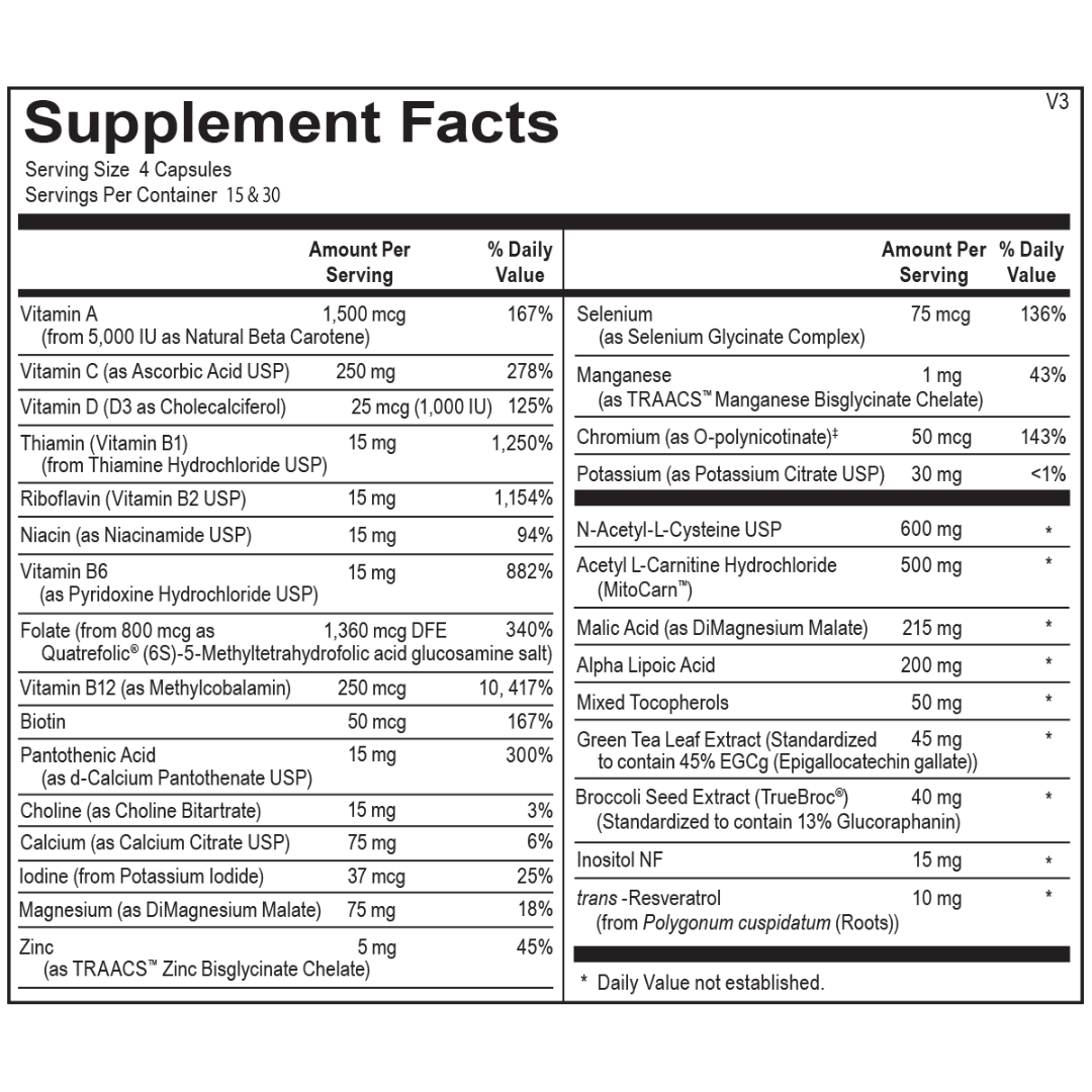 Supplement facts for Multi Vitamin featuring vitamins A, C, D3, B-complex, zinc, selenium, N-Acetyl-L-Cysteine, Acetyl L-Carnitine, Alpha Lipoic Acid, and more for immune support and energy production.