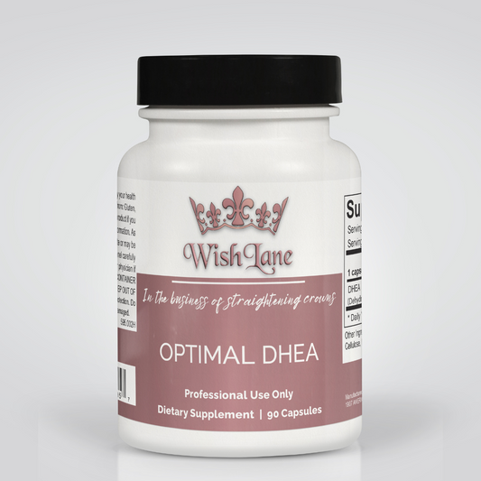 Supplement facts for Optimal DHEA, featuring 25 mg of DHEA per capsule for hormonal balance, stress response, and healthy aging support.