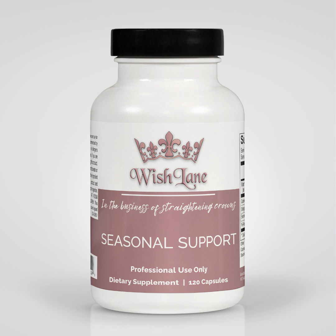 Supplement facts for Seasonal Support, featuring 400 mg of quercetin, 400 mg of stinging nettle, 100 mg of bromelain, and 50 mg of N-acetyl cysteine for seasonal allergy support.