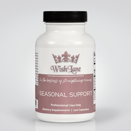 Supplement facts for Seasonal Support, featuring 400 mg of quercetin, 400 mg of stinging nettle, 100 mg of bromelain, and 50 mg of N-acetyl cysteine for seasonal allergy support.