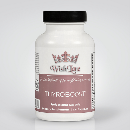 Supplement facts for ThyroBoost, featuring L-tyrosine, iodine, selenium, guggulipid, and turmeric for thyroid function and hormone support.