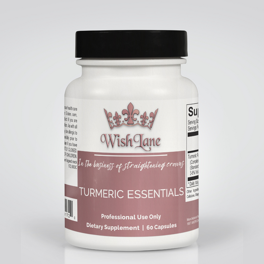Supplement facts for Turmeric Essentials featuring 500 mg of turmeric root extract with curcumin, turmerones, turmerin, and more for inflammation and immune health.