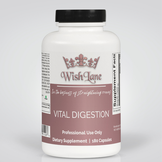 Supplement facts for Vital Digestion, featuring digestive enzymes like amylase, lipase, lactase, and CereCalase® for optimal digestion and nutrient absorption.